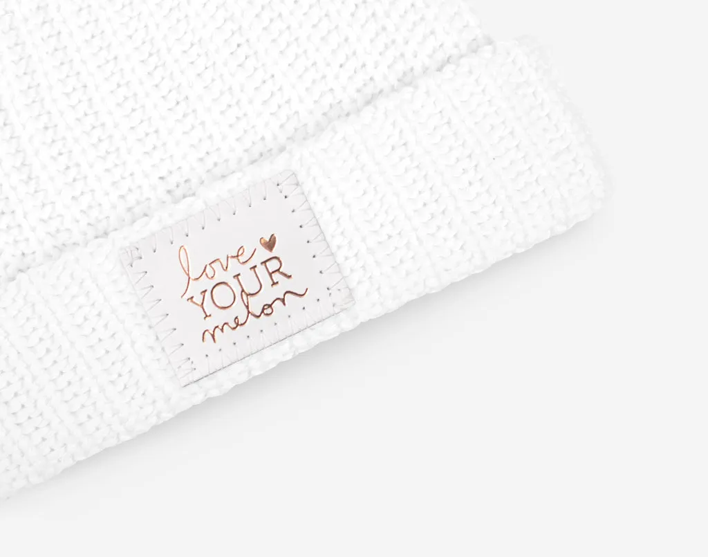 White Rose Foil Pom Beanie