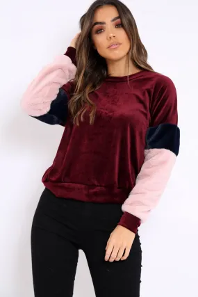 Wine Soft Fur Jumper with Contrast Sleeves - Erla