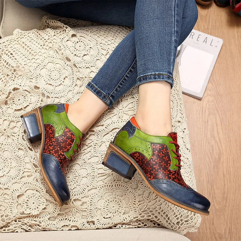 Women Fashion Brogue Oxfords With Printing Lace-up Shoes in Blue